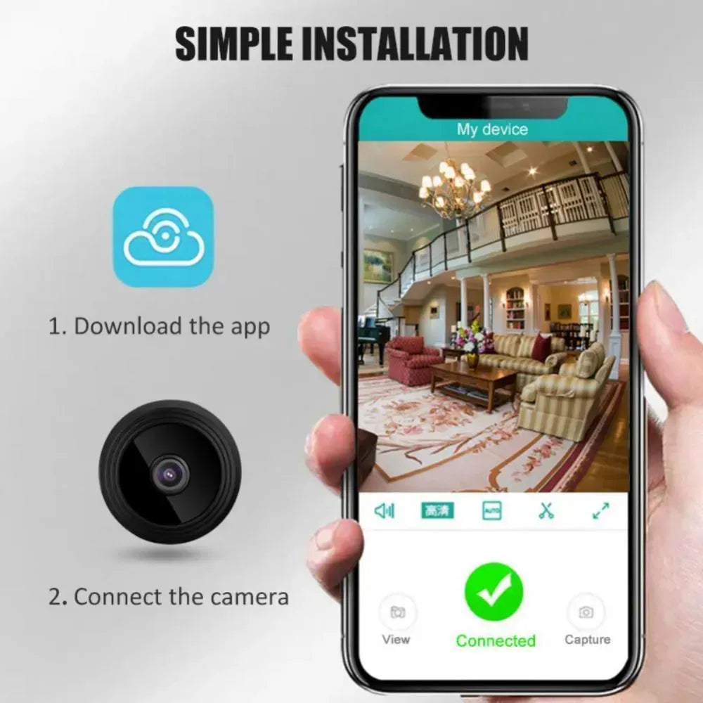 Smart home camera installation process with smartphone app on a gray background