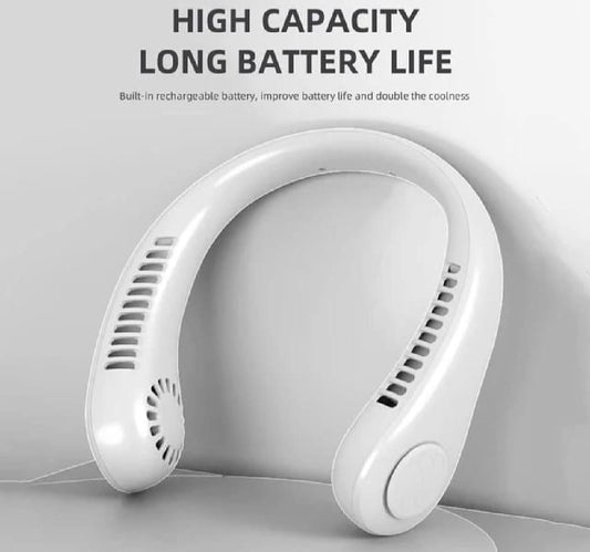 CoolBreeze Wearable Neck Fan being worn hands-free around the neck