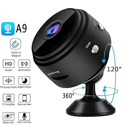 VisionCam A9 Mini WiFi Camera with features labeled on white background